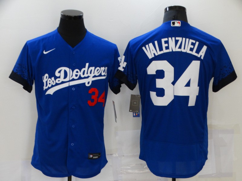 Men Los Angeles Dodgers 34 Valenzuela Blue City Edition Elite Nike 2021 MLB Jersey